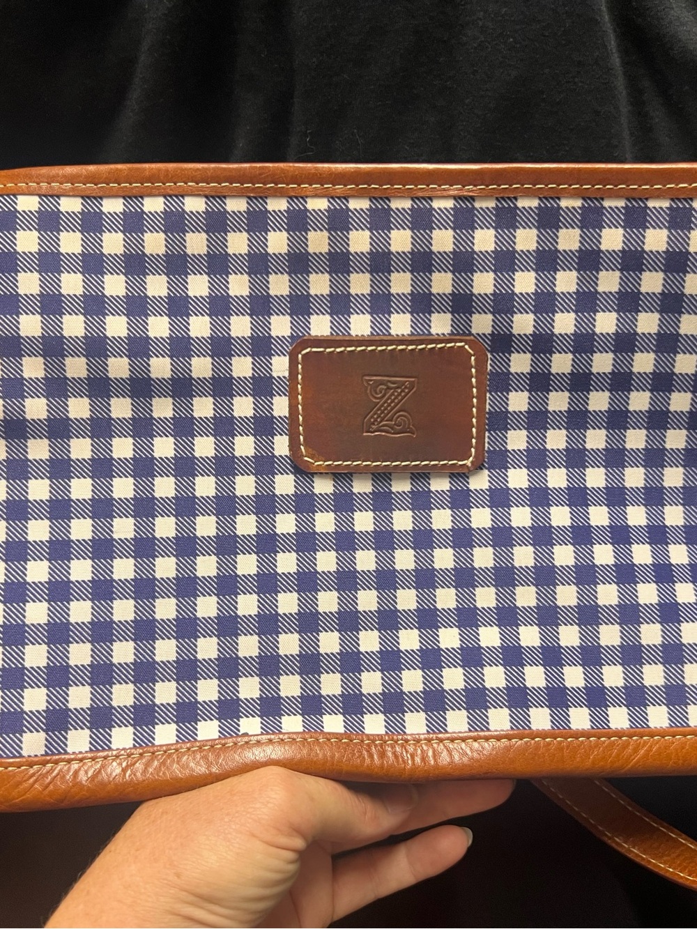 Barrington.  Blue Gingham Canvas & Brown Leather purse